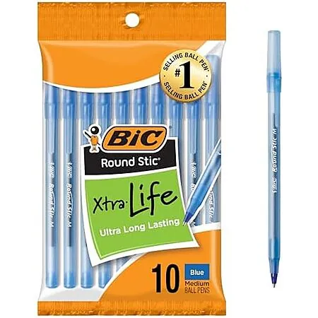 10-Ct BIC Round Stic Xtra Life Blue Ballpoint Pens (1.0mm / Medium Point)