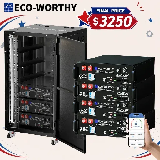 ECO-WORTHY 4-Pack 48V 100AH Lithium Battery (UL9540+UL1973) + RACK6 V3 Server Rack
