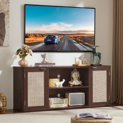 LEOYAOYAO Rattan TV Stand for Living Room w/ 6-Large Storage