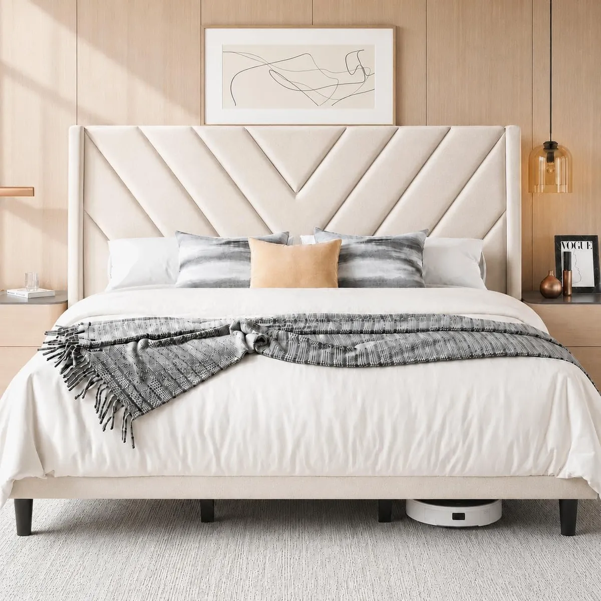 Yaheetech King Bed Frame w/ Chevron Channel-Tufted Headboard