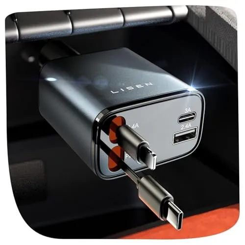 LISEN 84W 4-Port Retractable Car Charger w/ Built-In USB-C & Lightning Cables