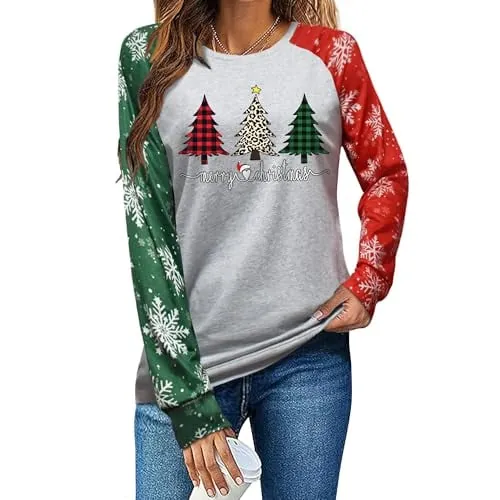 ADIAOA Women's Christmas Tree Color Block Long-Sleeve Crew Neck T-Shirt Greentree