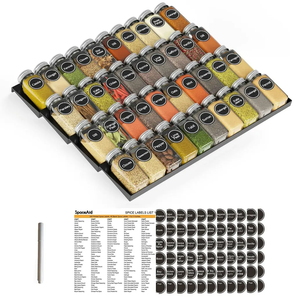 SpaceAid 4-Tier Spice Drawer Organizer w/ 40 Jars & 386 Labels