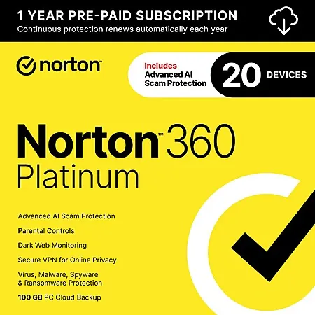 1-Yr Norton 360 Platinum 2026 Antivirus Software (20-Devices, Digital Download)