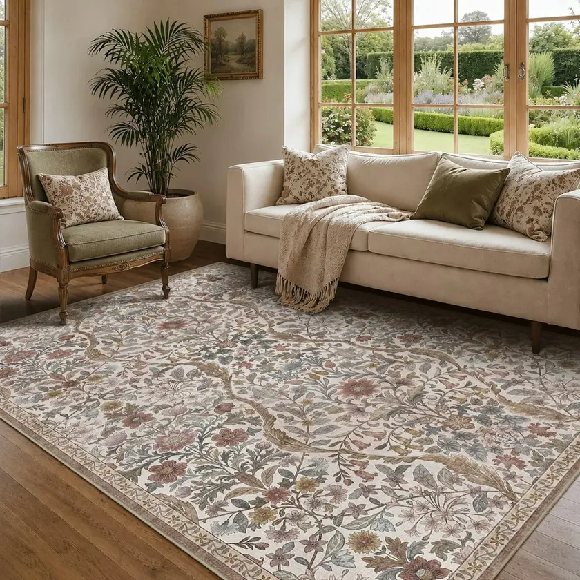 Bungalow Rose Vintage Boho Botanical Low-Pile Washable Area Rug