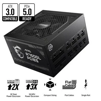 MSI MAG A750GL PCIE 5 750W ATX 3.1 Full Modular 80 Plus Gold Gaming Power Supply