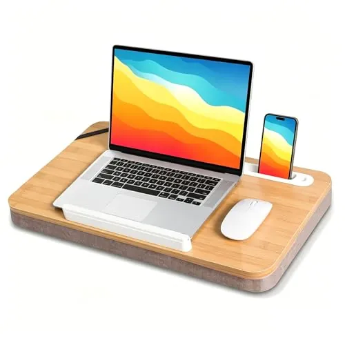 Wishacc Portable Lap Desk Tray w/ Ergonomic Cushion (Natural Wood)