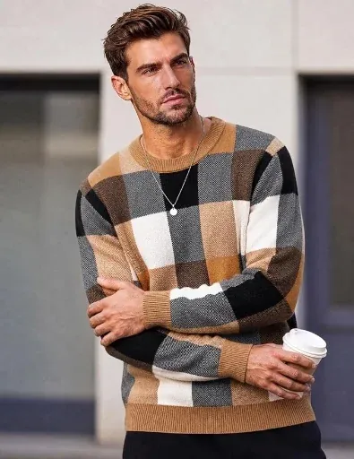 COOFANDY Men's Plaid Crew Neck Sweater