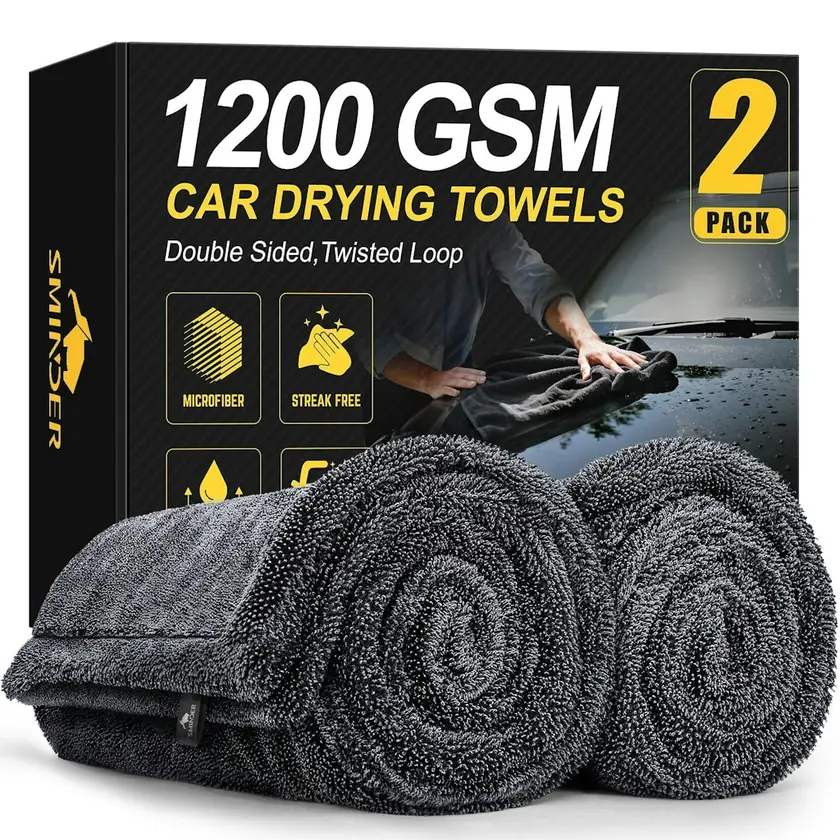 SMINDER 36" x 24" 1200 GSM Microfiber Car Drying Towels 2-Pack