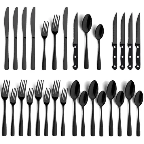 BEWOS Black Stainless Steel Flatware Set with Steak Knives (24-Pc)
