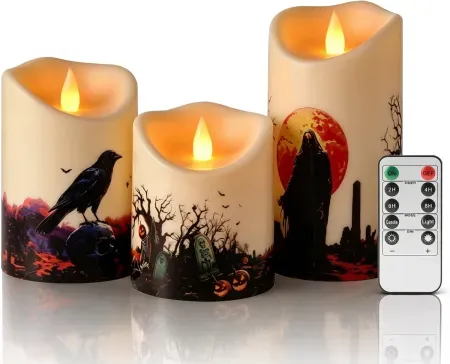 3-Pack Artmarry Halloween Flameless LED Pillar Candles w/ 10-Key Remote