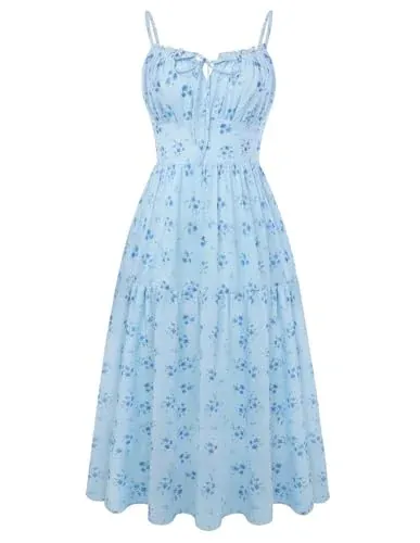 Belle Poque Floral Wedding Guest Midi Flowy Tea Party A Line Milkmaid Dress Blue L