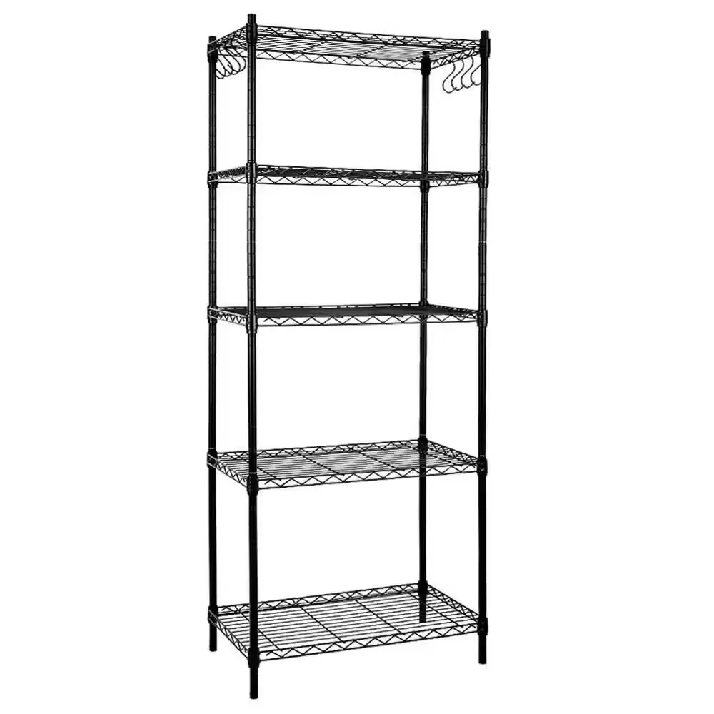 5-Tier Carbon Steel Wire Garage Storage Shelving Unit w/ 8 Hooks