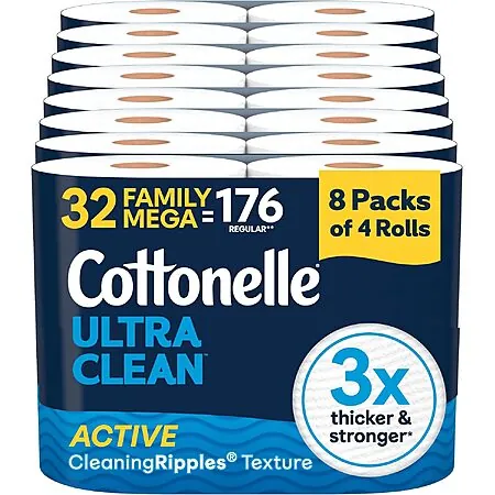 32-Pk Cottonelle 1-Ply Toilet Paper Family Mega Rolls (Ultra Clean)