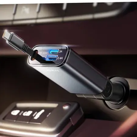 63W LISEN 3-in-1 Retractable Car Charger w/ USB-C Cable