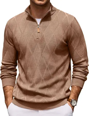 COOFANDY Men's Quarter-Zip Stretch Knit Checked Pullover Sweater