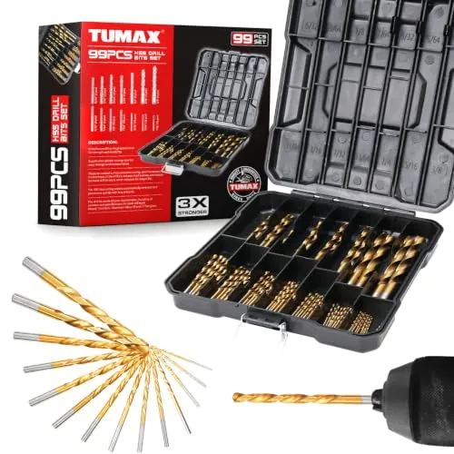 TUMAX 99-Piece Titanium-Coated HSS Drill Bit Set (1/16" - 3/8")