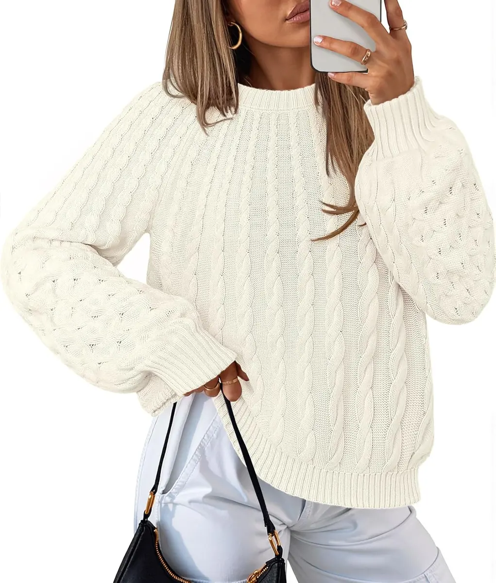 MEROKEETY Cable Knit Lantern Sleeve Crewneck Sweater