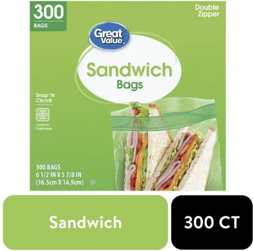 Great Value Double Zipper Sandwich Bags, 300 Count