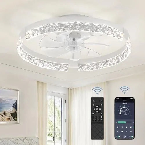 LEDIARY 20in Flush Mount White Modern 6-speed Ceiling Fan with Dimmable Lights & Remote, 3000K-6000K Dimmable LED