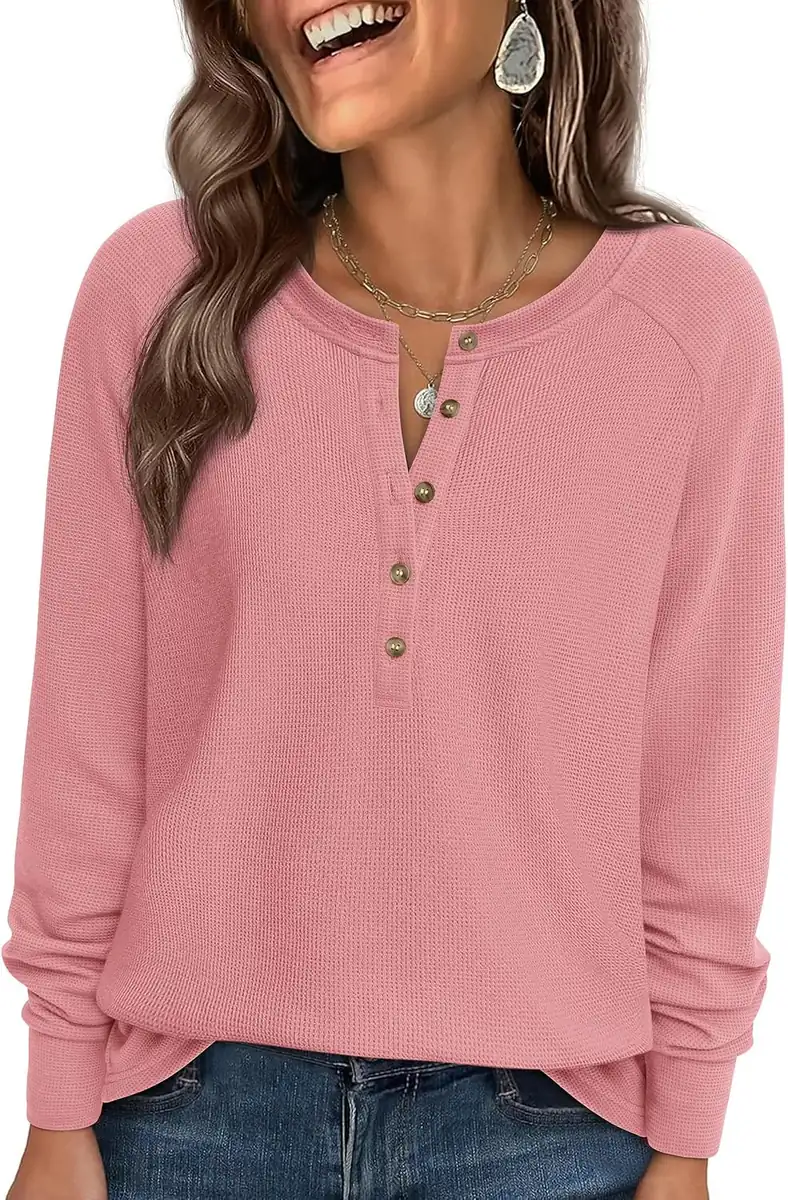 PRETTYGARDEN Women’s Long Sleeve Waffle Knit Henley Shirts