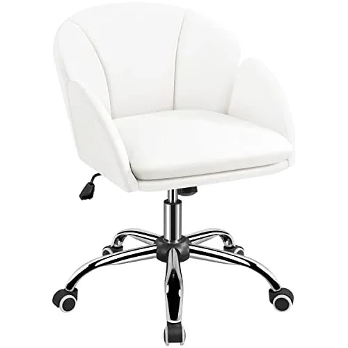 Yaheetech White Petal Faux Leather Makeup Vanity Desk Chair, Swivel Wheels
