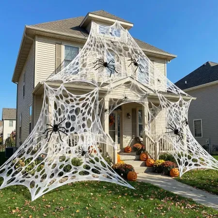 17' x 7' wymulot Uncut Giant DIY Stretchy Spider Web Halloween Decoration w/10 Ground Nails