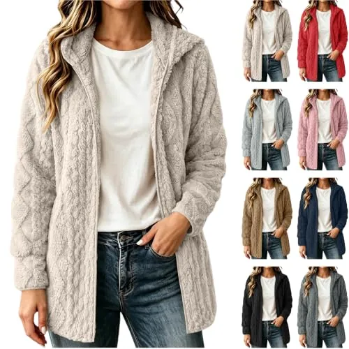 Fleece Cardigan Open Front Hooded Coat