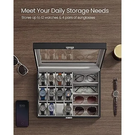 Prime Members: 16-Slot Songmics Sunglasses/Watch Organizer w/ Glass Lid (Black)