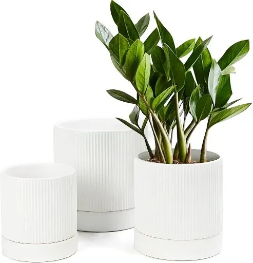 LaDoVita Ceramic Plant Pots 3-Pack 6"/5"/4" with Drainage Holes & Trays (White Vertical Stripes)