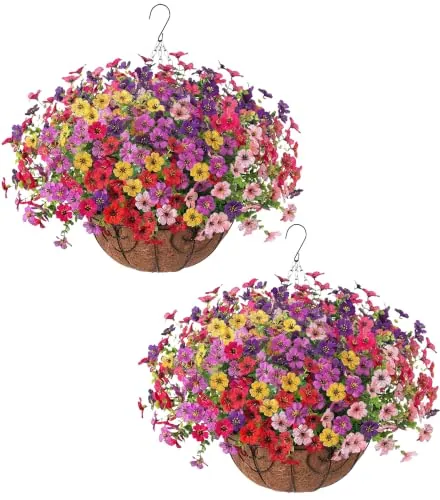 HyeFlora 2-Set Artificial Outdoor Flowers Hanging Basket