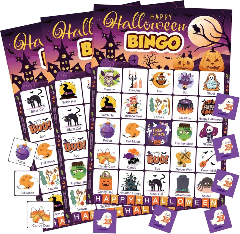 MDDRUIQI Halloween Bingo Cards for Kids – Purple & Black