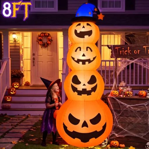 Qunler 8ft Halloween Pumpkin Stack Inflatable Decoration with Witch Hat