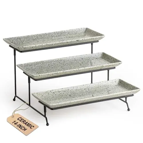 14" 3-Tier LAUCHUH Porcelain Serving Trays & Stand