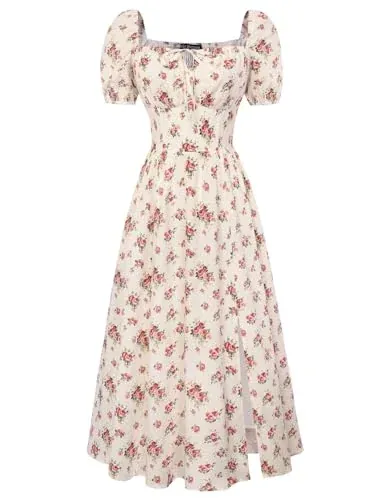 Scarlet Darkness Summer Spring Split Floral Corset Midi Dress with Pockets