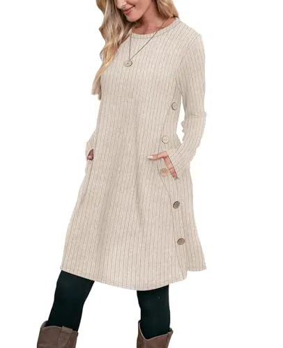OFEEFAN Crew Neck Long Sleeve Dress with Pockets