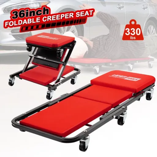 36" 330-Lb Capacity 2-in-1 Foldable Creeper Seat w/ 6 Casters (Red)