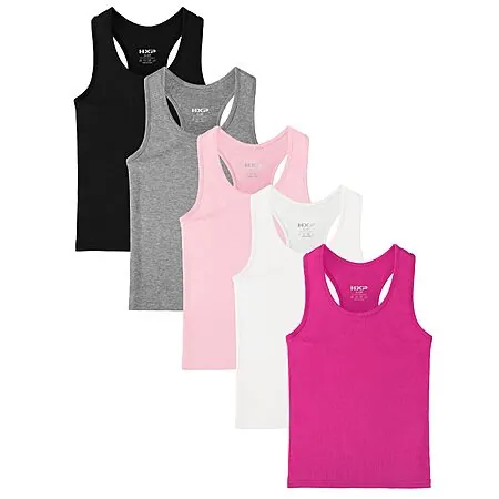 5-Pk HXP Girl's Racerback Sleeveless Cotton Blend Tank Tops