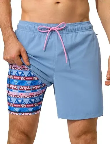 SILKWORLD Men's 7" Swim Trunks w/ Compression Liner