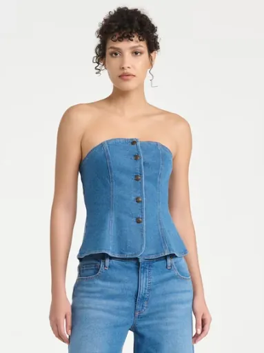 Sofia Vergara Women's Denim Smocked Back Strapless Button Front Tube Top