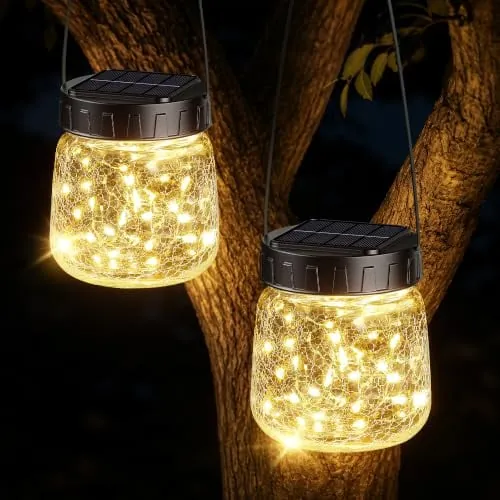 BUCASA Small Solar Lanterns Outdoor Waterproof Hanging Solar Lights 2-Pack
