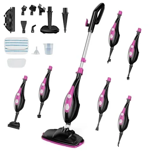 OLIXIS 10-in-1 Steam Mop 1550W Handheld Steam Cleaner with 16.4FT Cord and 2 Washable Pads Black Pink