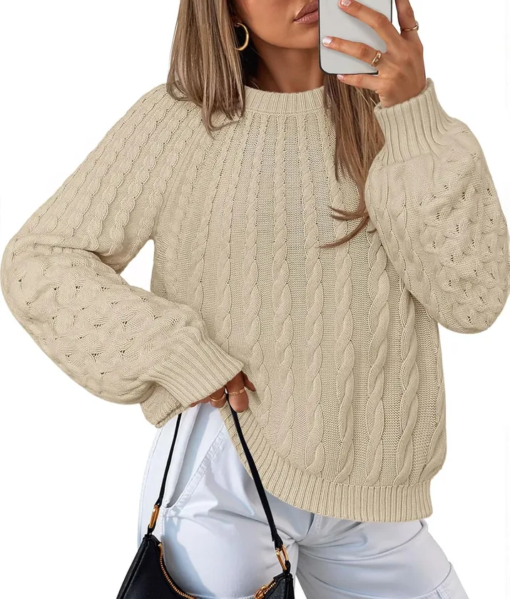 MEROKEETY Cable Knit Lantern Sleeve Pullover Sweater