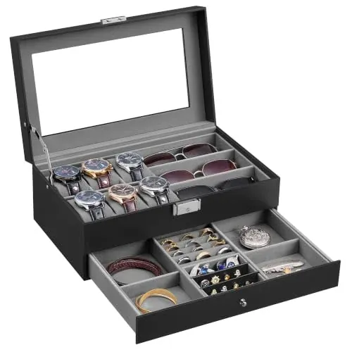 SONGMICS Watch Box for Men, 2-Tier Case with 6 Slots and Glass Lid