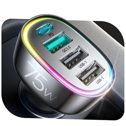 FLYLEAD 75W 4-Port Car Charger w/ USB-C PD 60W & QC 3.0