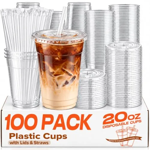 Disposable Plastic Cups with Lids and Straws 100 Pack 20oz