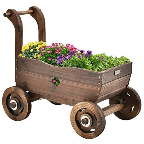 Giantex Wooden Wagon Cart Raised Garden Planter Box