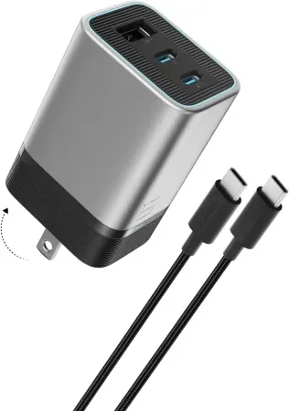 CUKTECH 65W 3-Port Foldable GaN Wall Charger w/ USB-C Cable