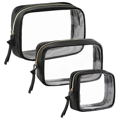 Vorspack Travel Toiletry Bag for Women, 3 Pack Clear Makeup Bags, Black
