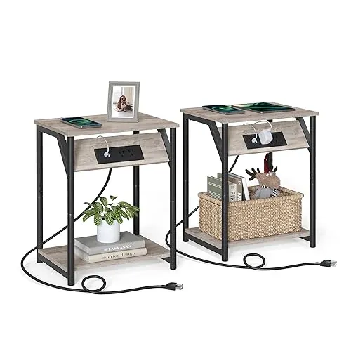 VASAGLE Set of 2 End Tables with Charging Station (Heather Greige + Black)